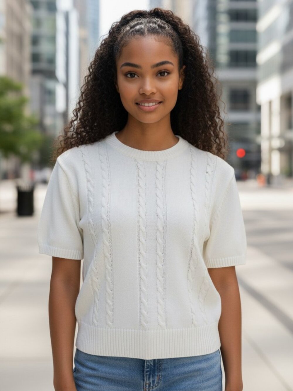 Liz & Co Cotton Sweater Medium White Cable Knit Pearl Short Sleeve Preppy